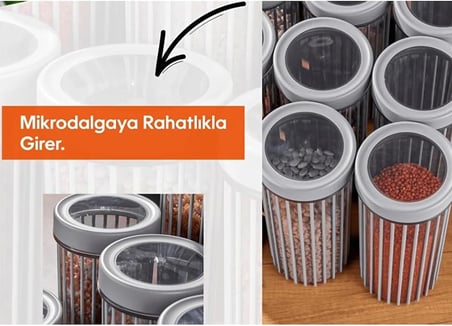 3'lü Çevir Aç Kapak Kavanoz Plastik Saklama Kabı Seti, Büyük, Orta, Küçük, 3 Boy (BEJ)