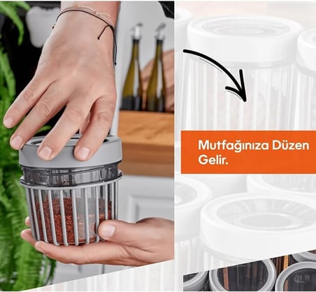 3'lü Çevir Aç Kapak Kavanoz Plastik Saklama Kabı Seti, Büyük, Orta, Küçük, 3 Boy (BEJ)