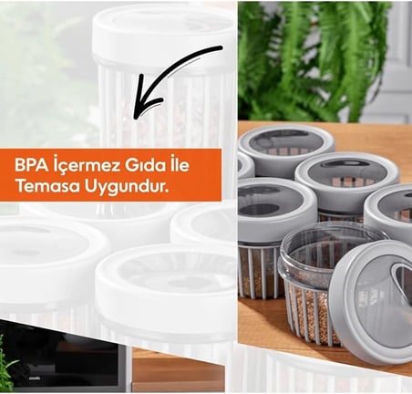 3'lü Çevir Aç Kapak Kavanoz Plastik Saklama Kabı Seti, Büyük, Orta, Küçük, 3 Boy (BEJ)