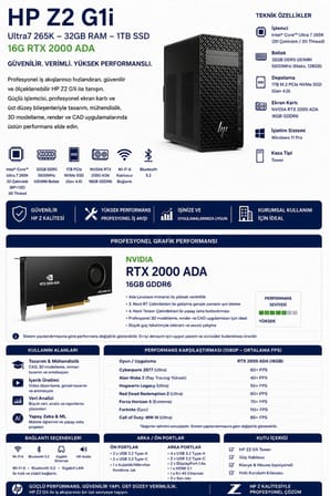 Z2 G1i Core Ultra 7 265K RTX 2000 Ada 16GB 32GB RAM 4TB SSD Win11 Home A2KR1ESPN358 Masaüstü İş İstasyonu + PER4 USB Bellek