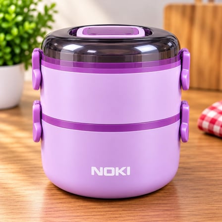 NOKI Lunch Box T-0134 500+700 ML Paslanmaz Çelik Yemek Kabı – Kaşıklı, Özel Saplı, Sızdırmaz, 2 Katlı (PEMBE)