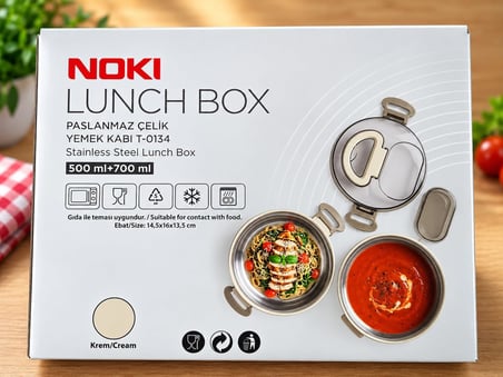 NOKI Lunch Box T-0134 500+700 ML Paslanmaz Çelik Yemek Kabı – Kaşıklı, Özel Saplı, Sızdırmaz, 2 Katlı (PEMBE)