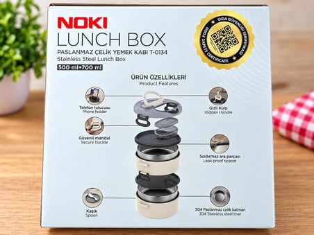 NOKI Lunch Box T-0134 500+700 ML Paslanmaz Çelik Yemek Kabı – Kaşıklı, Özel Saplı, Sızdırmaz, 2 Katlı (PEMBE)