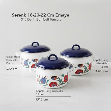 18-20-22 Cm Emaye 3'lü Derin Bombeli Tencere Seti