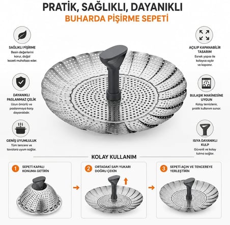 Paslanmaz Metal Buharda Pişirme Sepeti, Katlanabilir Sebze Haşlama Aparatı, Açılır Kapanır Buhar Sepeti, Uzayabilir Kulp ve Silikon Ayaklı Tencere İçi Buharlı Pişirici