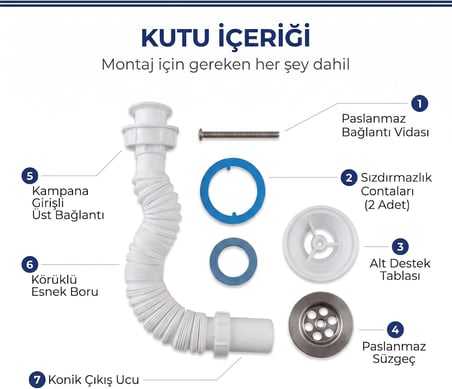 Körüklü Lavabo Sifonu, Paslanmaz Çelik Süzgeçli Esnek Gider Borusu, Uzayabilir ve Kıvrılabilir Tahliye Hortumu, Banyo ve Mutfak Lavabosu İçin Komple Set