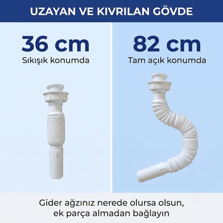 Körüklü Lavabo Sifonu, Paslanmaz Çelik Süzgeçli Esnek Gider Borusu, Uzayabilir ve Kıvrılabilir Tahliye Hortumu, Banyo ve Mutfak Lavabosu İçin Komple Set