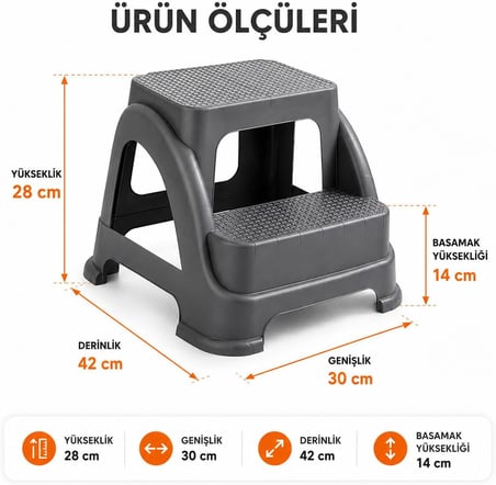 2 Basamaklı Merdiven Tabure Kaydırmaz Ayaklı Sağlam Plastik Basamak, Çocuk ve Yetişkin İçin Lavabo Mutfak Banyo WC Dolap Çok Amaçlı Basamak Taburesi Gri