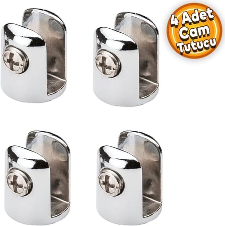 Cam Raf Tutucu Metal Yuvarlak Cam Etejer Menteşesi Krom Metal Vidalı 10 mm (4 Adet)