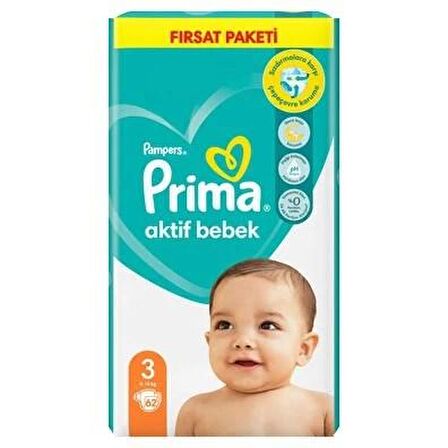 Prima Bebek Bezi Aktif Bebek 3 Beden 62'li Fırsat Paketi 2 Paket 124'lü