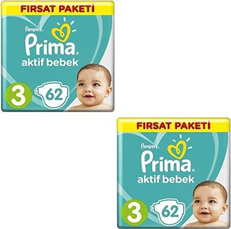 Prima Bebek Bezi Aktif Bebek 3 Beden 62'li Fırsat Paketi 2 Paket 124'lü