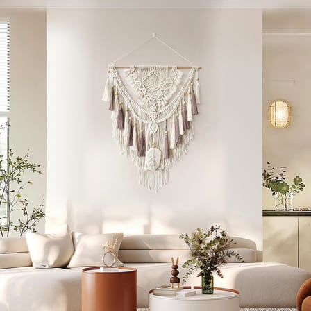 Makrome Duvar Asması, Dokuma Goblen Bej Ve Tozlu Gül El Yapımı El İ̇Şi Makrome Duvar Dekoru, Yatak Odası, Galeri Ve Çocuk Odası Dekorasyonunda Minimalist Tasarımlı Bohem Süslemeleri, Boyut 95 Cm U X 69