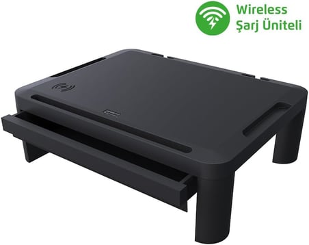 Lome Premium Monitör Yükseltici, Yükseklik Ayarlanabilir, Çekmeceli, Wifi Şarj Üniteli