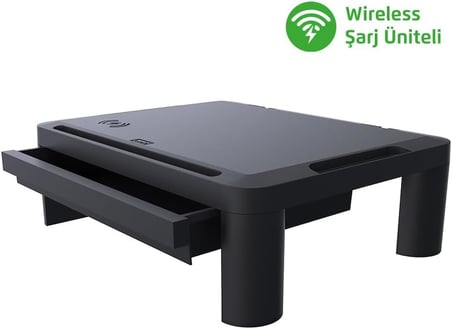 Lome Premium Monitör Yükseltici, Yükseklik Ayarlanabilir, Çekmeceli, Wifi Şarj Üniteli