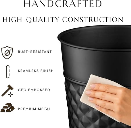 El Yapımı Metal Geometrik Kabartmalı Siyah Çöp Sepeti Çöp Kutusu