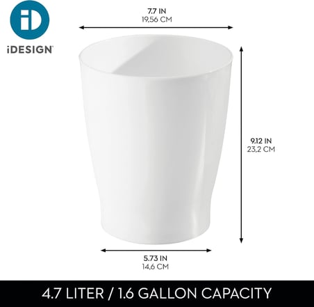 iDesign Banyo, Yatak Odası, Ev Ofis, Yurt için Kompakt Yuvarlak Plastik Çöp Kovası, 19,6 cm x 19,6 cm x 23,1 cm, Franklin Koleksiyonu, Beyaz