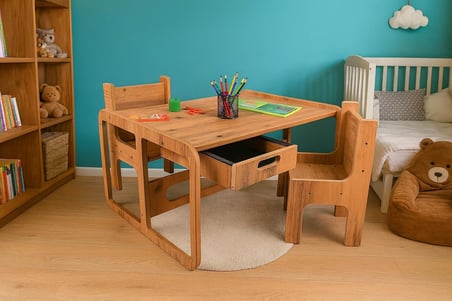İki Kişilik Çekmeceli Ahşap Çocuk Oyun & Aktivite Masa ve Sandalye Takımı - 18mm Ceviz Renk MDF