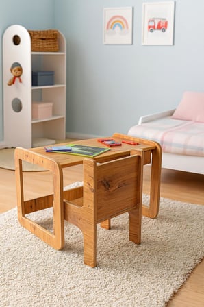 Tek Kişilik Çekmeceli Ahşap Çocuk Oyun & Aktivite Masa ve Sandalye Takımı - 18mm Ceviz Renk MDF