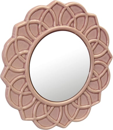 Dekoratif 9" Soluk Pembe Yuvarlak Çiçekli Seramik Vurgulu Duvar Aynası, Ekli Asma Halkalı Duvar Aynası, Oturma Odası, Yatak Odası, Banyo, Koridor ve Giriş Yolu için Dekoratif Dekor