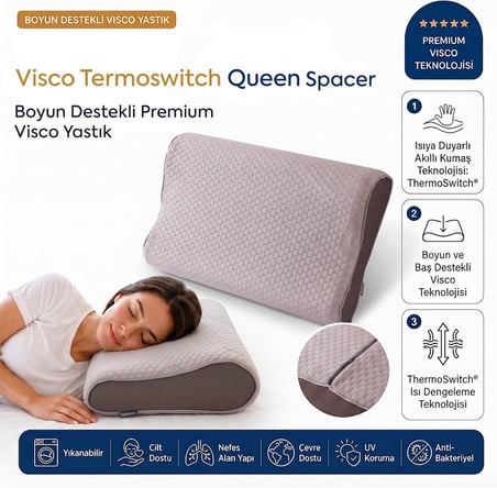 Visco Queen Spacer ThermoSwitch Boyun Destekli Ortopedik Visco Yastık 55x35 cm