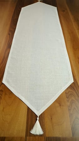 Simli Keten Runner Püsküllü, Kırık Beyaz, 45x150cm
