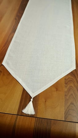 Simli Keten Runner Püsküllü, Kırık Beyaz, 45x150cm