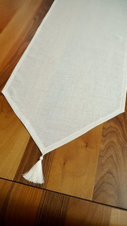 Simli Keten Runner Püsküllü, Kırık Beyaz, 45x150cm