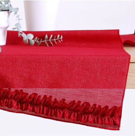 Simli Keten Runner Kırmızı Fırfırlı 45x150