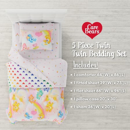 Collectibles Care Bears Klasik Retro Gökkuşağı Yatak Takımı 5 Parça Süper Yumuşak Yorgan ve Çarşaf Seti, Şemli, İkiz (%100 Resmi Lisanslı Ürün)