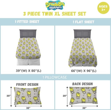 Spongebob Squarepants Yatak Süper Yumuşak Mikrofiber İkiz XL Çarşaf Seti, College Dorm Essentials (Resmi Lisanslı Ürün)