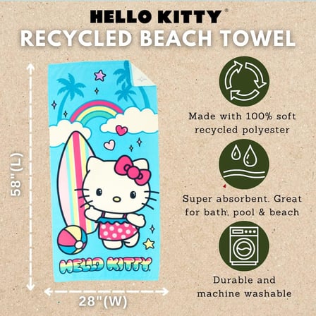 Sanrio Hello Kitty Süper Yumuşak Hafif Geri Dönüştürülmüş Plaj Havlusu Geri Dönüştürülmüş Plastik Şişelerden Üretilmiştir, 147 Cm X 71 Cm ( Resmi Lisanslı Sanrio Ürünü)