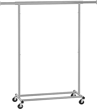 tekerlekli elbise askısı, ağır hizmet tipi elbise askısı, uzatılabilir elbise askılı, 90 kg yük kapasitesi, kolay montaj, taşınabilir, gümüş HSR13S