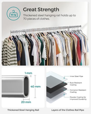 tekerlekli elbise askısı, ağır hizmet tipi elbise askısı, uzatılabilir elbise askılı, 90 kg yük kapasitesi, kolay montaj, taşınabilir, gümüş HSR13S