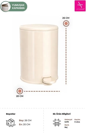 Cigo 3 LT Banyo Mutfak Ofis Çelik Çöp Kovası - Bej