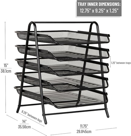 5TPAPER-BLK 5 katmanlı kağıt tepsisi, dosya depolama, masaüstü düzenleyici, metal ağ, 30 cm U x 35 cm G x 14,5 inç Y, siyah