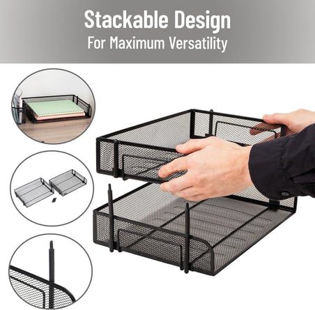 2'li Paket İstiflenebilir Metal Mesh Dosya Tutucu Tepsileri, Belge Tutucu, Masaüstü Dosya Düzenleyici, Siyah