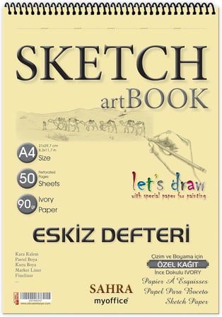 SAHRA A4 Spiralli Eskiz Defteri – 50 Yaprak, 90 gr İnce Dokulu Ivory Kağıt Sketchbook, Çizim ve Boyama Defteri
