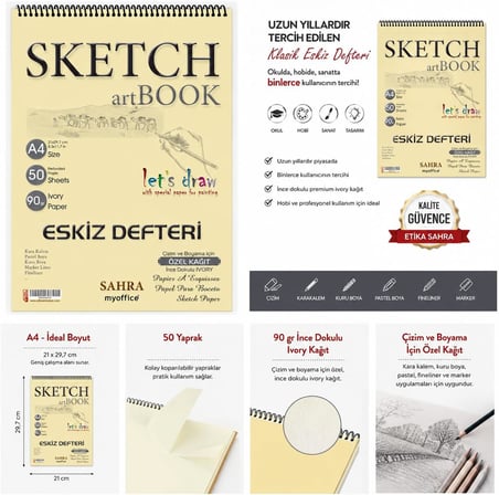 SAHRA A4 Spiralli Eskiz Defteri – 50 Yaprak, 90 gr İnce Dokulu Ivory Kağıt Sketchbook, Çizim ve Boyama Defteri