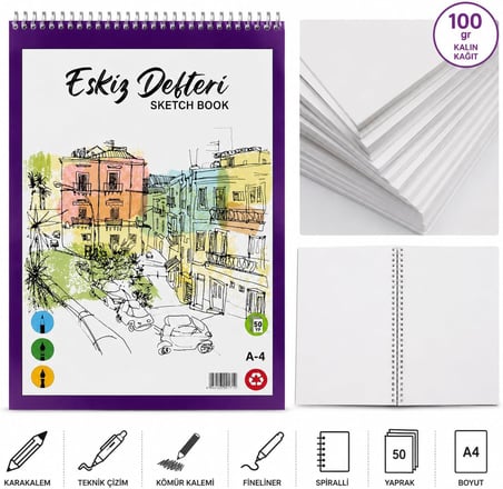 A4 Spiralli Eskiz Defteri, 100 gr/m² Kalın Kağıt, 50 Yaprak, Çizgisiz, Karakalem ve Teknik Çizim için, 21x29.7 Santimetre