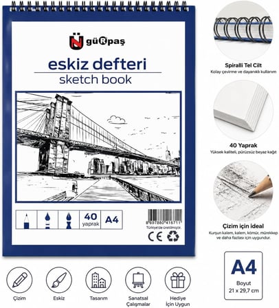 Gürpaş A4 Spiralli Eskiz Defteri, 40 Yaprak, Kurşun Kalem ve Karakalem için, Öğrenci, Tasarımcı ve Profesyonel Kullanım