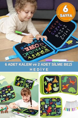 Silinebilir Doodle Çizim Defteri, Dinozor Temalı, 6 Sayfa, 6 Kalem ve 2 Silme Bezi Dahil, Taşınabilir