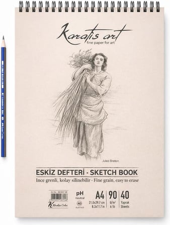 A4 Eskiz Defteri, İnce Grenli, Kolay Silinebilir pH Nötr Kağıt, Spiralli Sketch Book, 90 g/m², 40 Yaprak, Çizim ve Karakalem İçin
