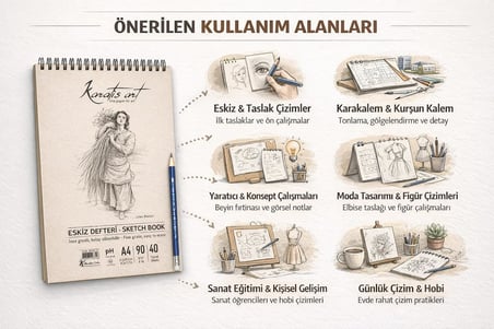 A4 Eskiz Defteri, İnce Grenli, Kolay Silinebilir pH Nötr Kağıt, Spiralli Sketch Book, 90 g/m², 40 Yaprak, Çizim ve Karakalem İçin