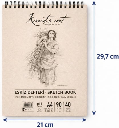 A4 Eskiz Defteri, İnce Grenli, Kolay Silinebilir pH Nötr Kağıt, Spiralli Sketch Book, 90 g/m², 40 Yaprak, Çizim ve Karakalem İçin