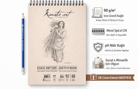 A4 Eskiz Defteri, İnce Grenli, Kolay Silinebilir pH Nötr Kağıt, Spiralli Sketch Book, 90 g/m², 40 Yaprak, Çizim ve Karakalem İçin