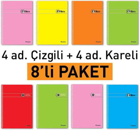 A4 Okul Defteri Spiralli 144 Sayfa Dayanıklı PP Kapak 8'li Paket