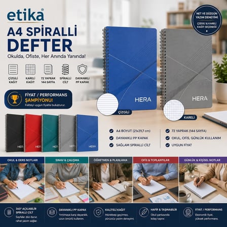 A4 Okul Defteri Spiralli 144 Sayfa Dayanıklı PP Kapak 8'li Paket