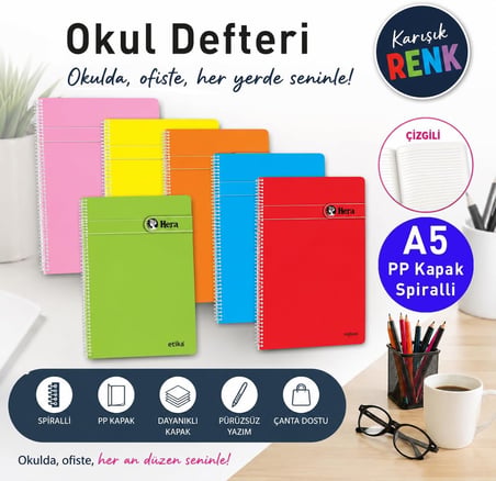 A5 Spiralli Çizgili Okul Defteri - PP Kapak, 72 Yaprak / 144 Sayfa