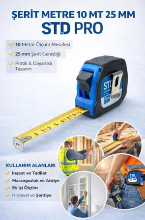 STD PRO Şerit Metre, 10m Uzunluk, 25mm Genişlik, Pratik ve Dayanıklı Tasarım, İnşaat ve Tadilat için