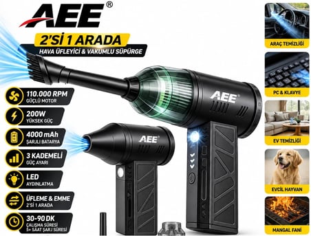 ® Mini Şarjlı Hava Üfleyici ve Vakumlu El Süpürgesi – 110.000 RPM, 200W Güçlü Motor, 4000 mAh Pil, LED Işıklı, 2'si 1 Arada Turbo Jet Fan ve Vakum, 3 Kademeli